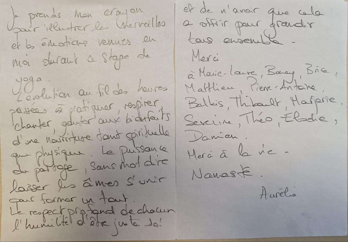 La lettre manuscrite d'Aurélie après le séjour