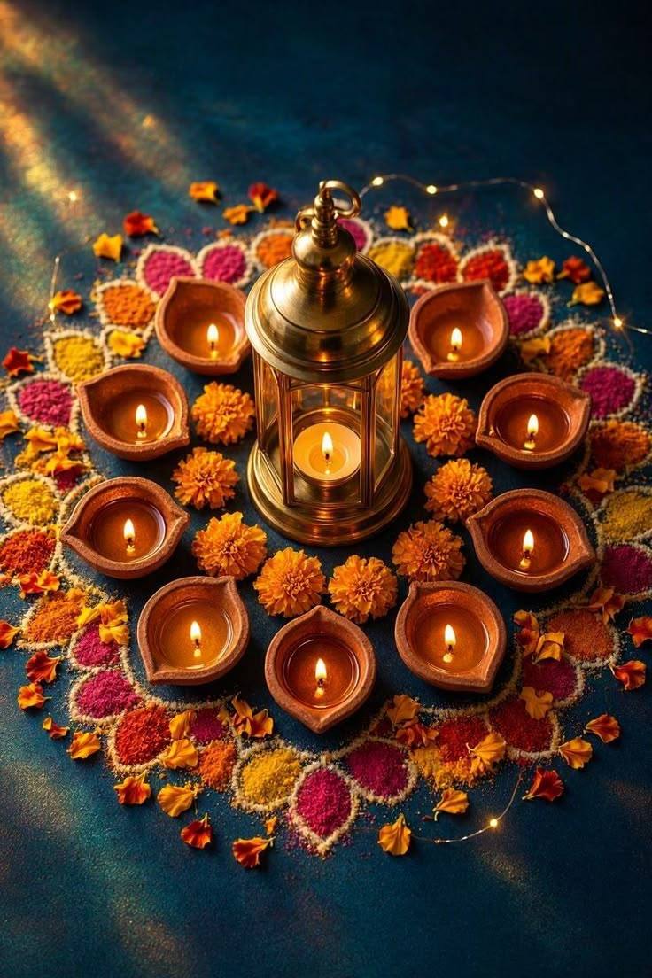 Un rangoli de poudres colorées entouré de lampes à huile