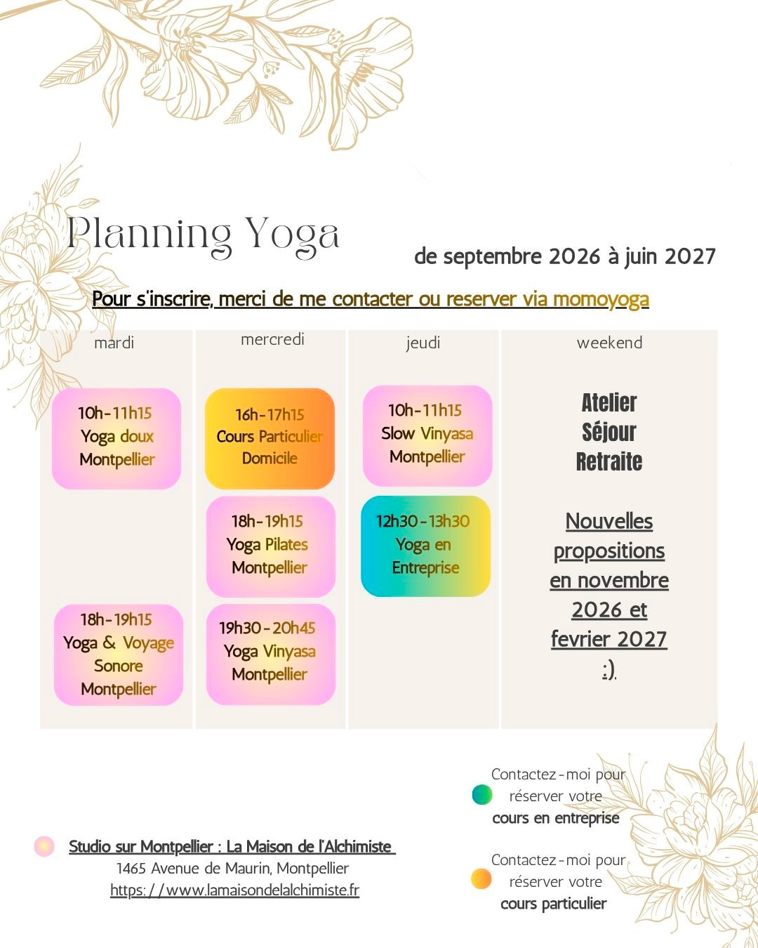 Planning yoga de septembre 2026 à juin 2027, Montpellier