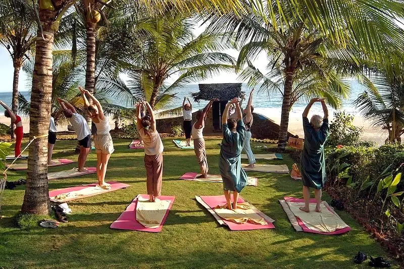 Cours de yoga sur la pelouse, sous les cocotiers, face à l'océan