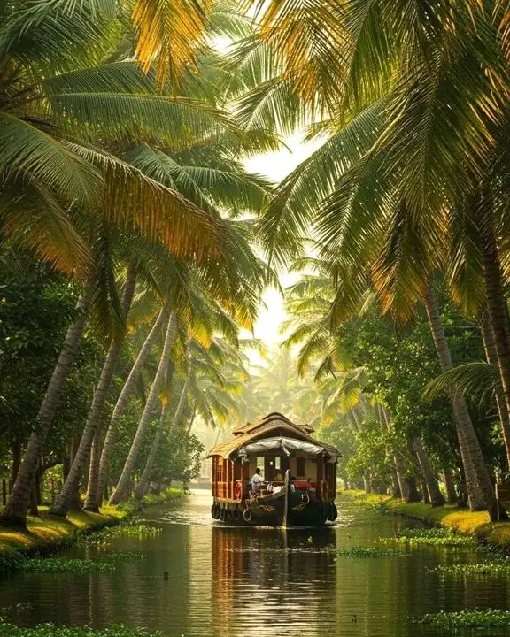 Canal des backwaters du Kérala bordé de cocotiers dorés par le soleil