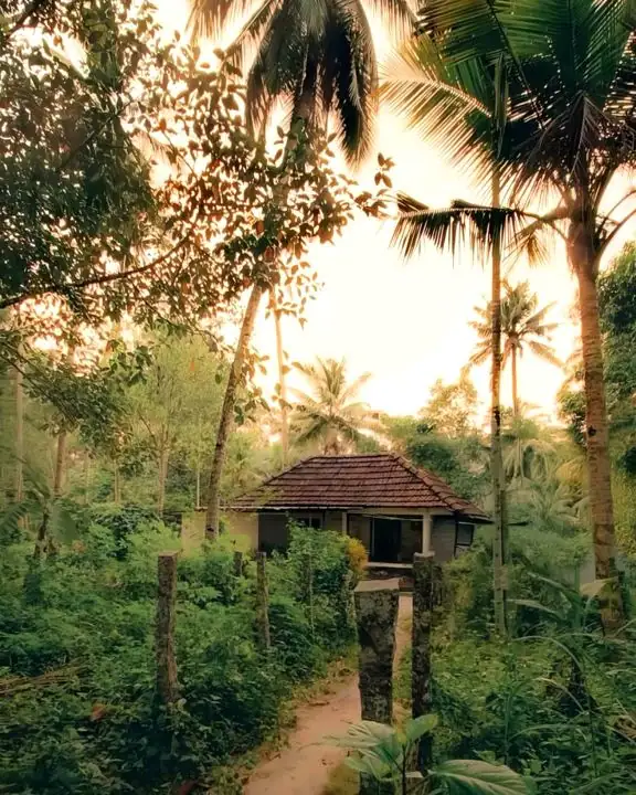 Chemin de terre menant à une petite maison au toit de tuiles, sous les cocotiers