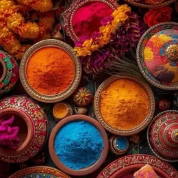 Épices et poudres colorées dans des coupelles, entourées de fleurs