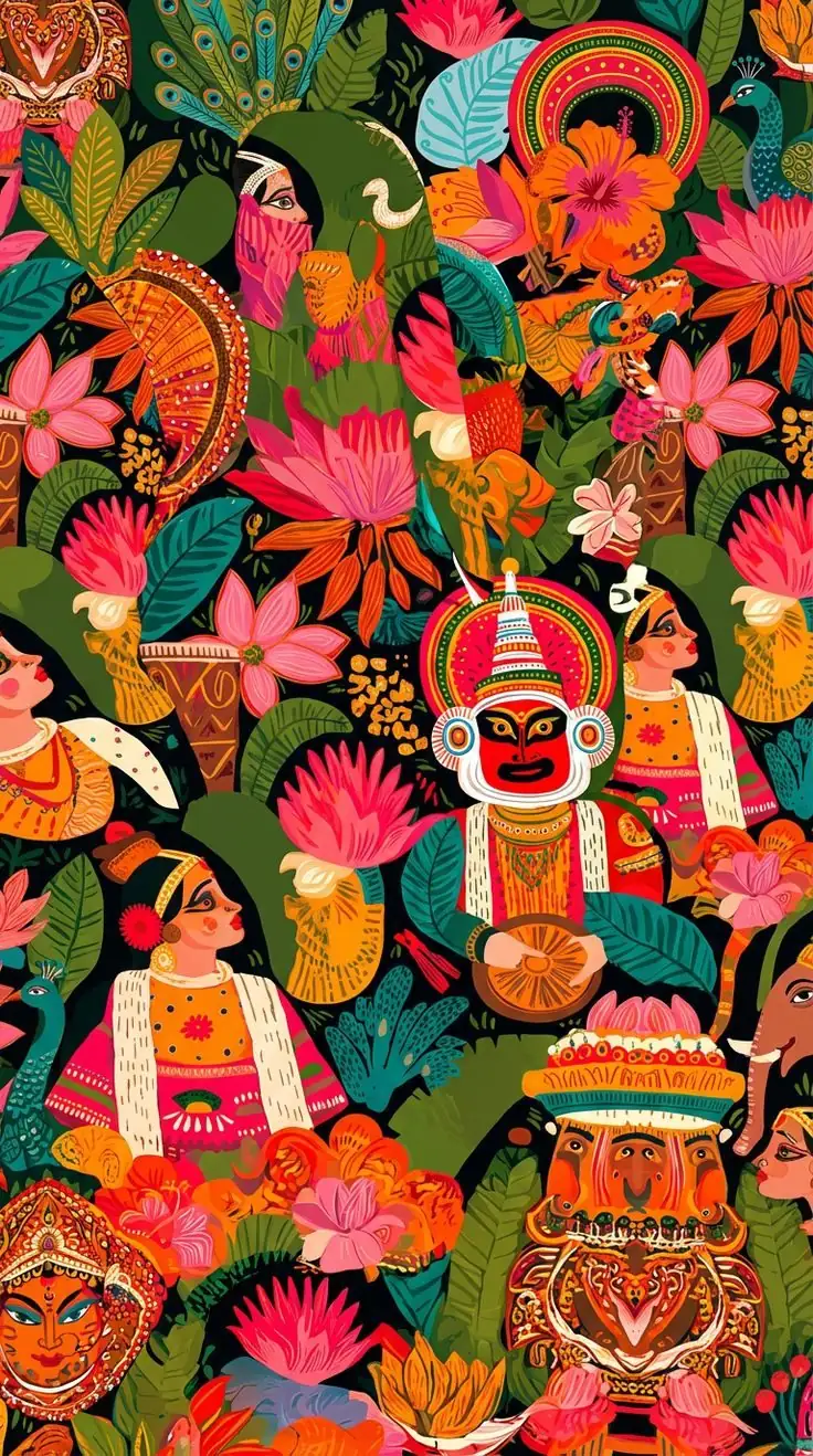 Illustration foisonnante aux couleurs du Kérala : visage de Kathakali, figures de Theyyam, lotus, paons et éléphant